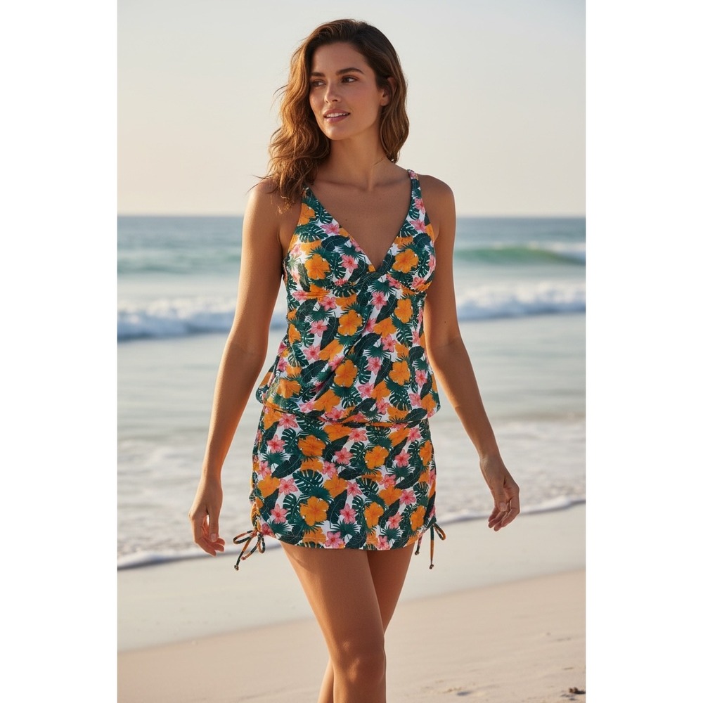 Nicole Miller‎ Womens 1X Tropical Floral Tankini Set Ruched Top Swim Skirt Green